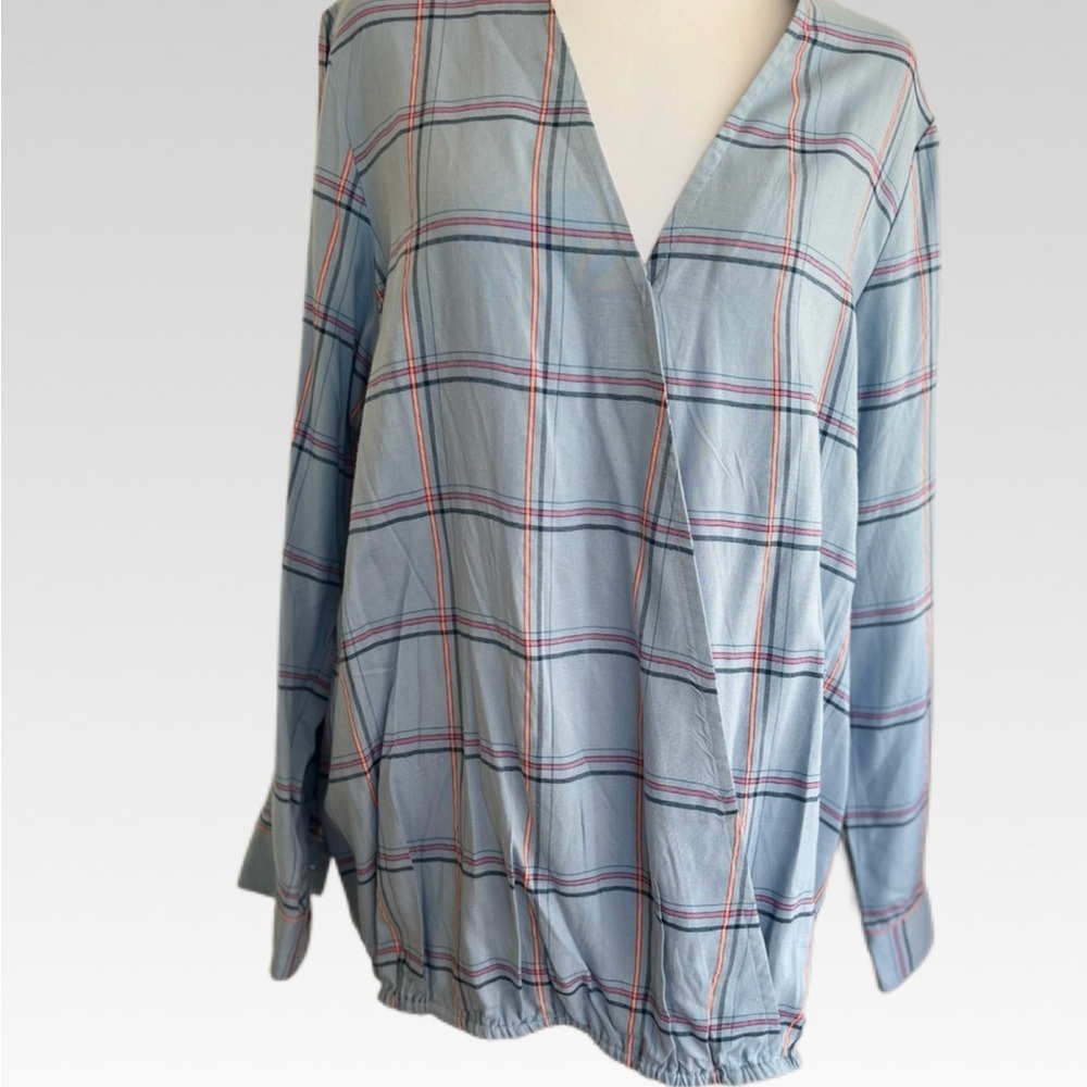 Casual Blue Plaid V-Neck Blouse